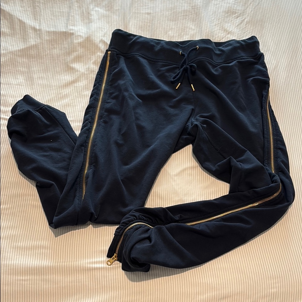 Navy Joggers with Gold Zipper Accents